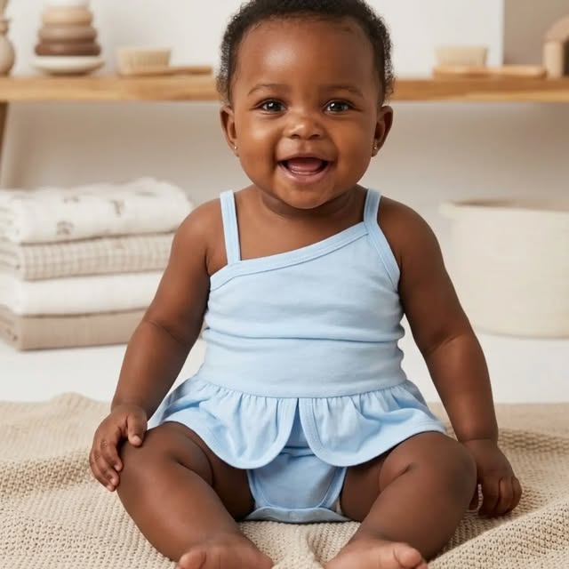 Bebê sorrindo com body azul de alcinha e babado
