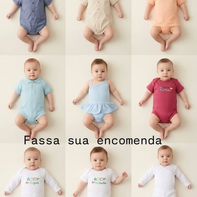 Grade com bebês vestindo bodies em várias cores e modelos